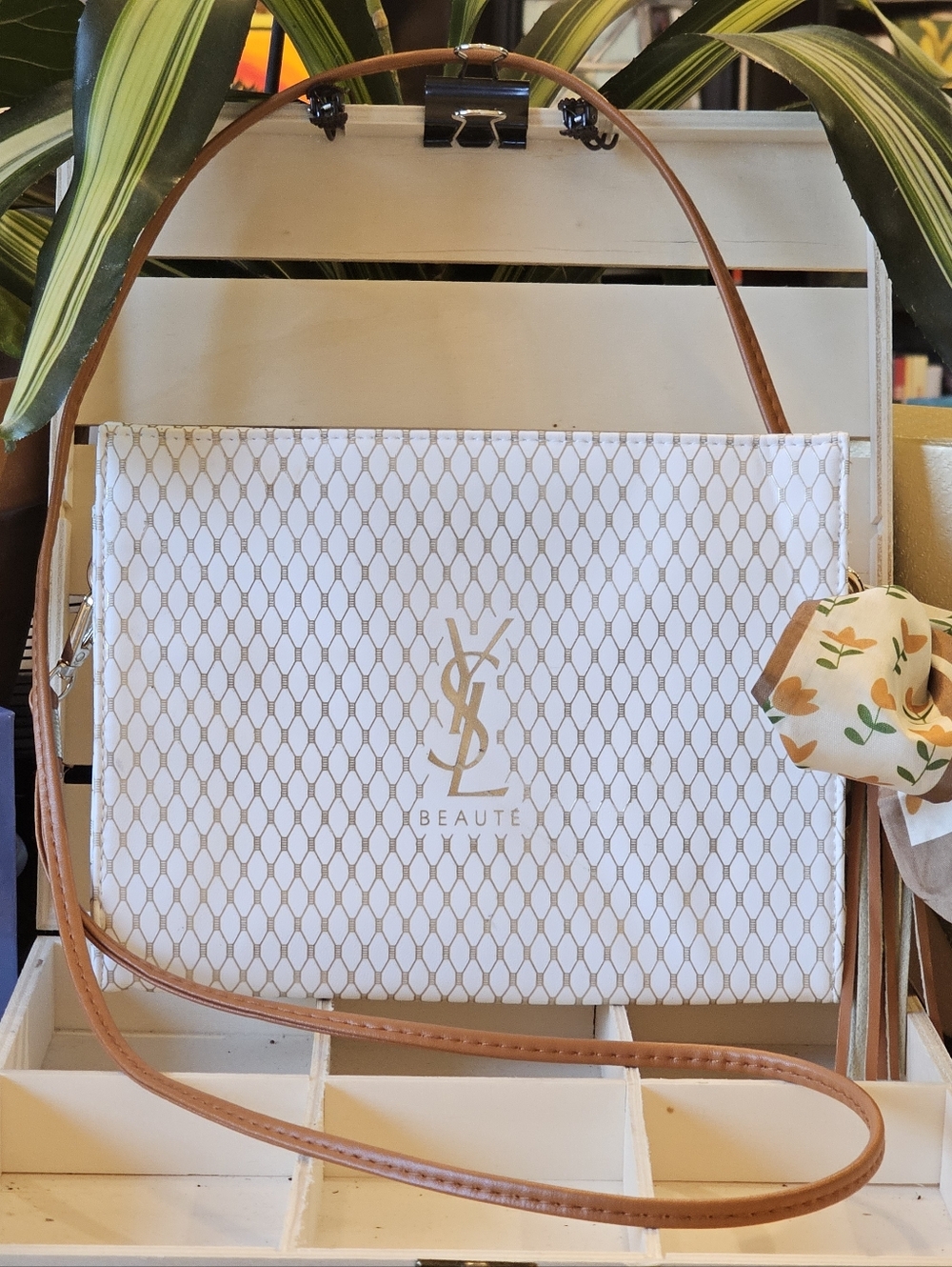 YSL Yves Saint Laurent White Clutch W/Crossbody Strap, Twilly, & Tassel Added
